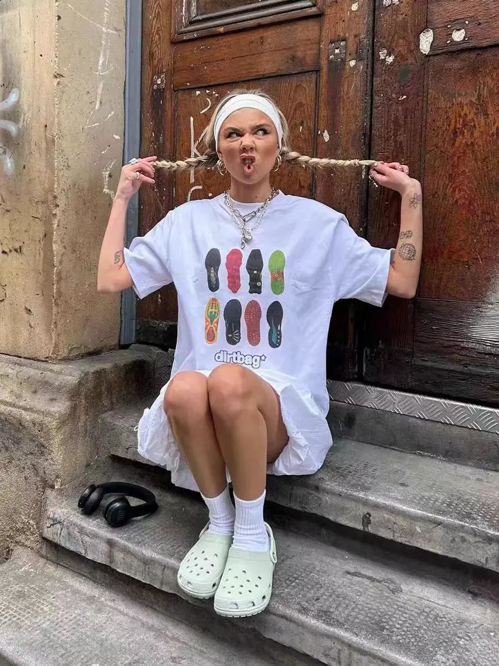 Loose Oversize Cotton Short-sleeved T-shirt Womens Cartoon Printed Fun Top 250529