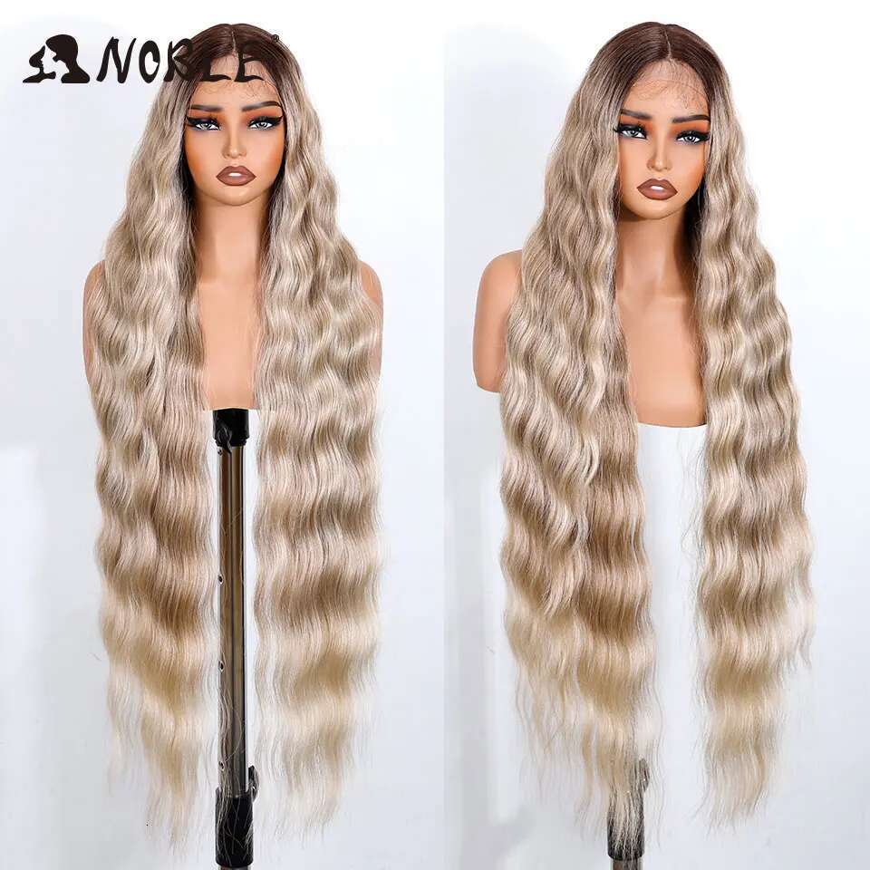 Noble Synthetic 36 " Long Part Body Wavy Golden For Women Lace Front Ombre Blonde Cosplay Wig