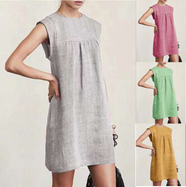 Fashion New Summer Loose Women's Casual Cotton Linen Solid Color Dress B5 b9