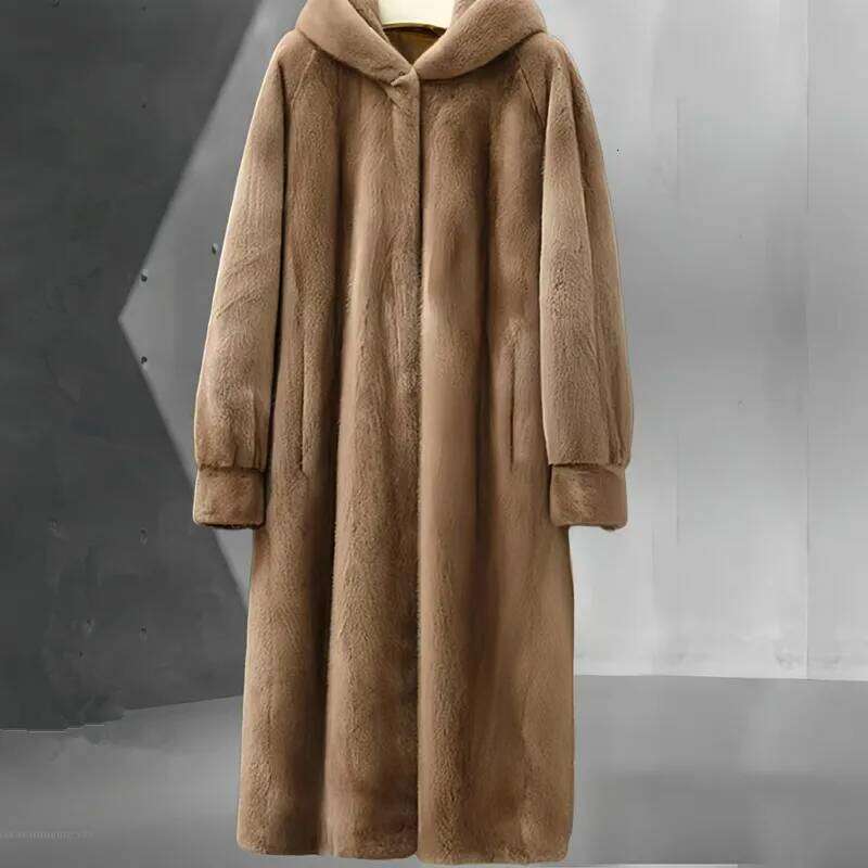 Faux Mink Fur Coat for Women,Covered Button Jackets,Hooded Overcoat,Female Clothes,Thicken Warm,Winter,2025