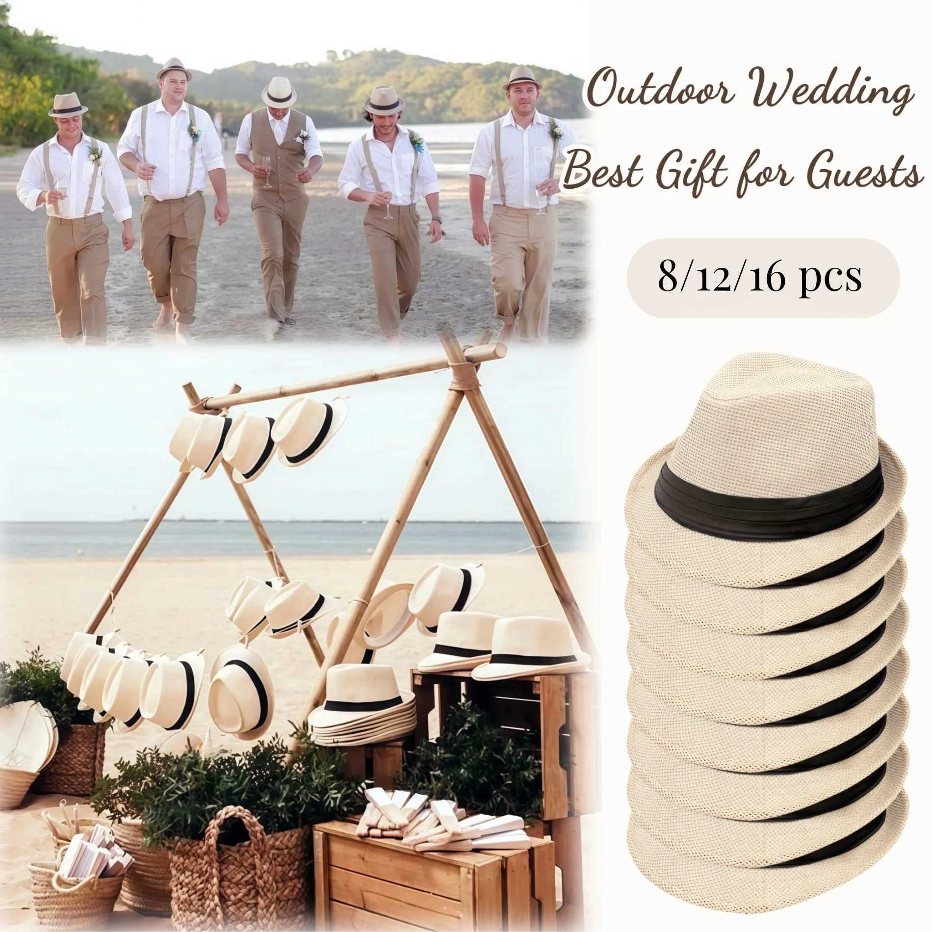 8-16PCS Short Brim Sun Panama Hat 1920s Straw Hats Bulk Beach Hats Jazz Caps for Outdoor Wedding Beige Party Circumference 60cm W250602