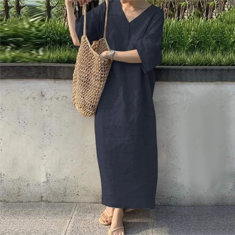 Cotton And Linen Dress For Women Summer Short Sleeve V-neck Solid Color Casual Loose Long Dress Elegant Womens Clothing 250529