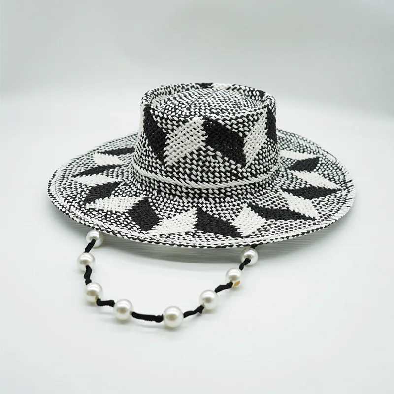 Black White Pattern Toquilla Straw Hats Summer Panama Hats Pearls Chain Sun Hats for Women Men Handmade Fedora Beach Travel Hat W250602