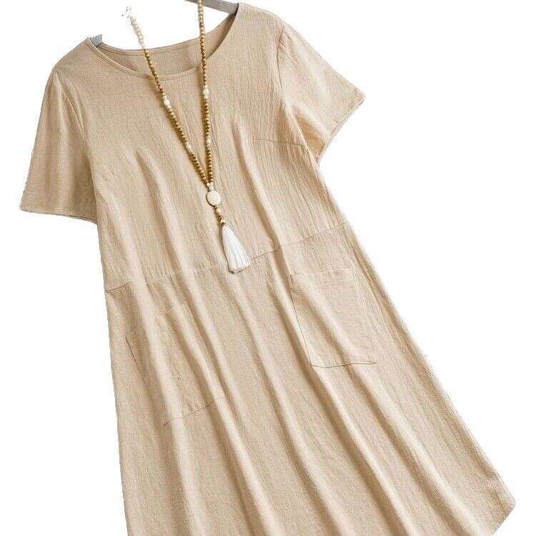 Spring Summer Loose Pocket Solid Color Round Neck Women's Cotton Linen Dress B5 b6