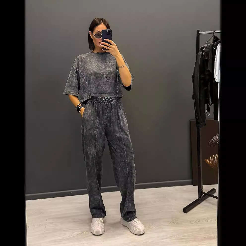 Vintage Washed Short Sleeve T-Shirt Straight High Waist Long Pants Set Women's Fashion Casual High-End B5