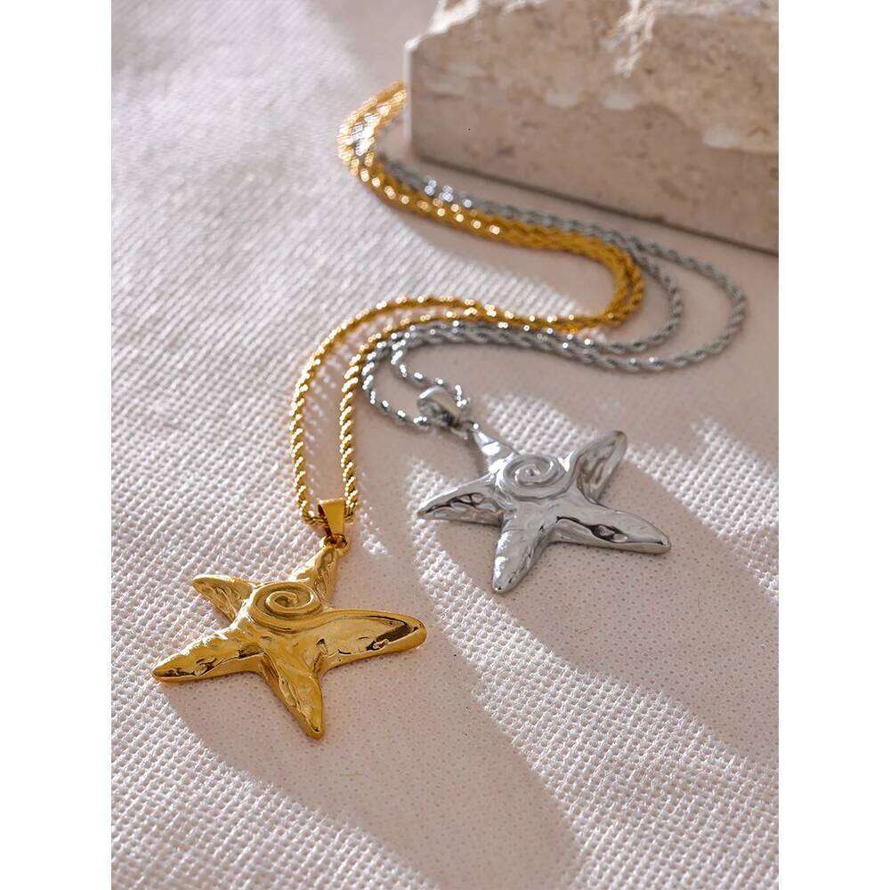Yhpup 316L Stainless Steel Starfish Pendant Necklace Rust Proof Statement Gold PVD Plated Individualistic Holiday Jewelry