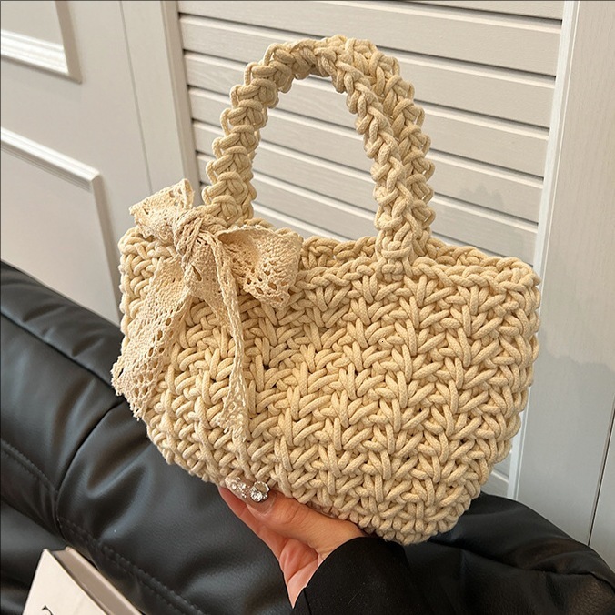 designer Summer Straw Woven Bag for Women, Stylish Bowknot Handheld Bucket Bag, Trendy Fashion Scarf Beach Vacation Woven Bag