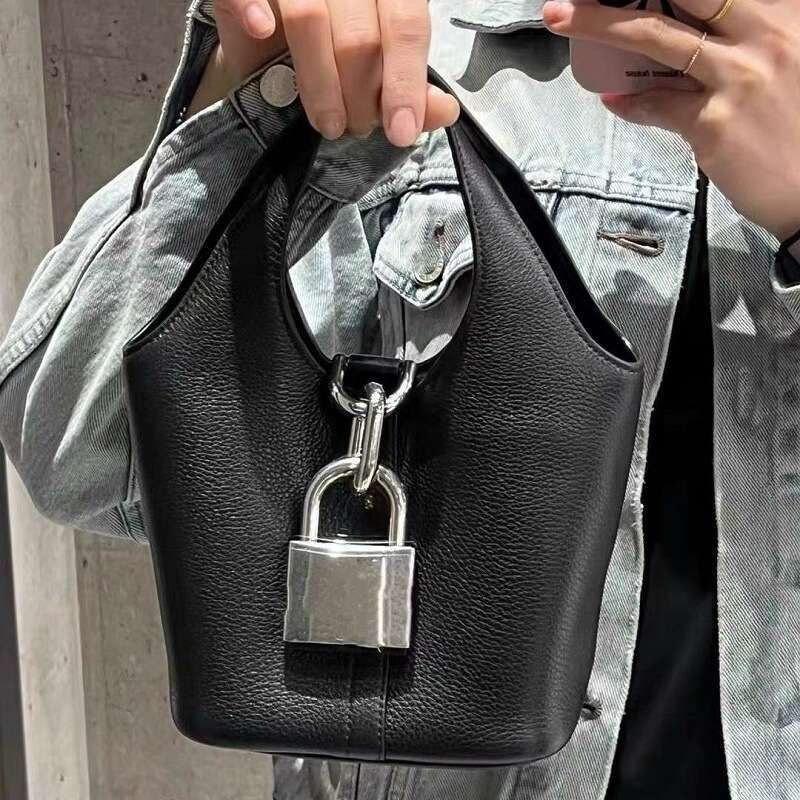 New Locker Lock Hobo Litchi Pattern Basket Bucket Bag First Layer Cowhide Single Shoulder Handbag