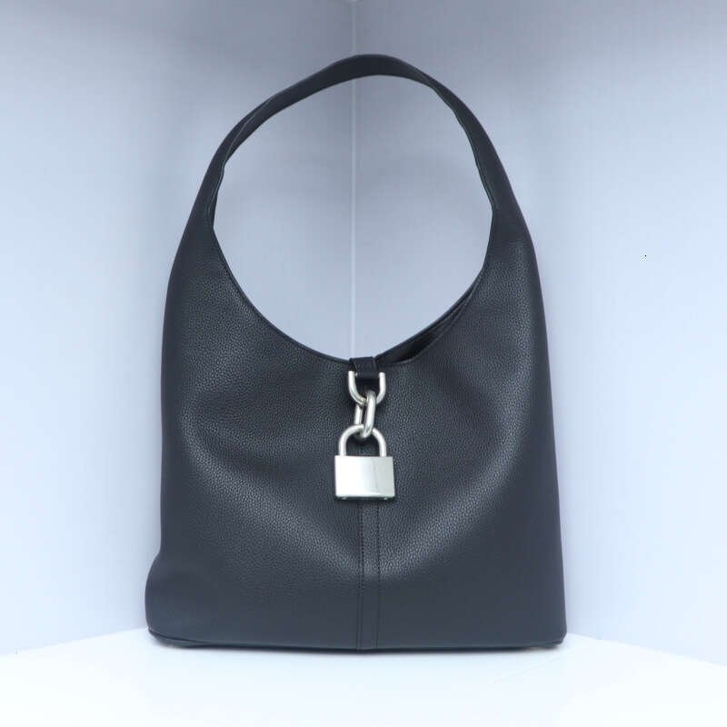 New Locker Lock Hobo Litchi Pattern Basket Bucket Bag First Layer Cowhide Single Shoulder Handbag