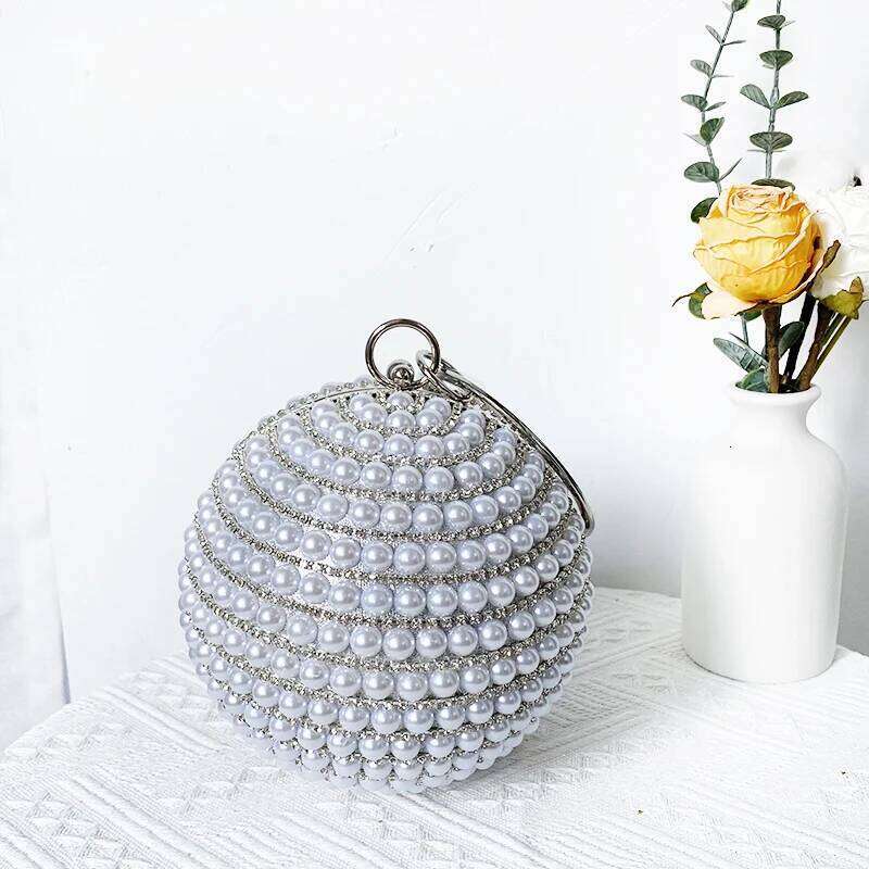 Fashion Pearl Top Ball Purse Bling Crystal Rhinestone Round Evening Handbag Women Glitter Sier Party Clutch Bag