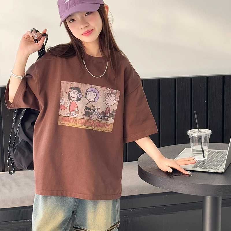 Girls Short Sleeve T-shirt 2025 Summer New Item Childrens American Retro Loose Top Girls Casual Base Shirt T250603