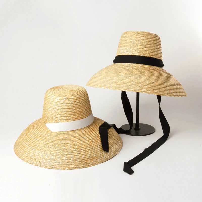 Sun Hat 53cm Head Circumference for Children Outdoor Chin Straps Adjustable Straw Hat Girls Raffia Sun Cap Summer Beach Seashore W250602