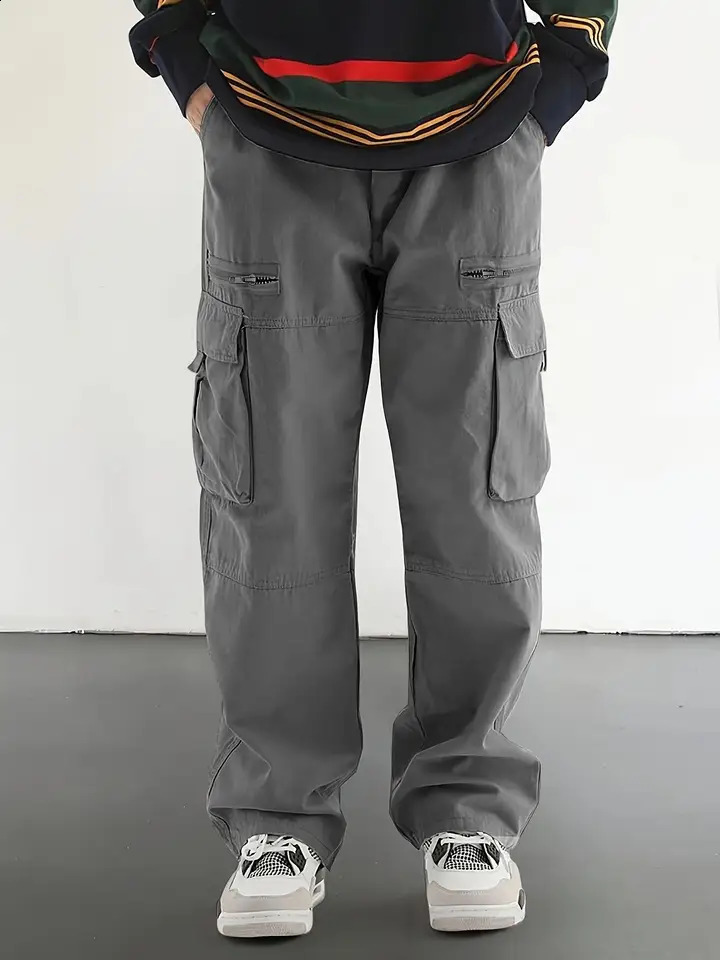 Mens Regular Plain Outdoor Overalls with Drawstrings and Large Flap Pocket Pants Personalized Zipper Suitable for Holiday Street Daily Leisure Mountai