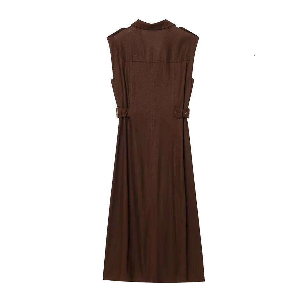 Khaki Brown Two Color Turn Down Collar V Neck Sleeveless Single Breasted Women Comfortable Long Dress 2025 Spring New