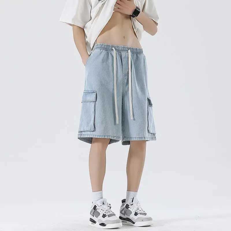 Summer Mens Cargo Denim Shorts Loose Retro Wide-leg Streetwear Fashion Pocket Design Korean Elastic Waist Short Jeans T250603
