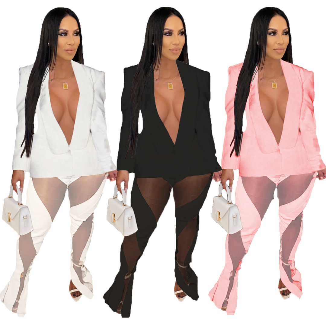 women's wear 8409 Women's Fashion Solid Color Blazer with Mesh Patchwork and Tie
