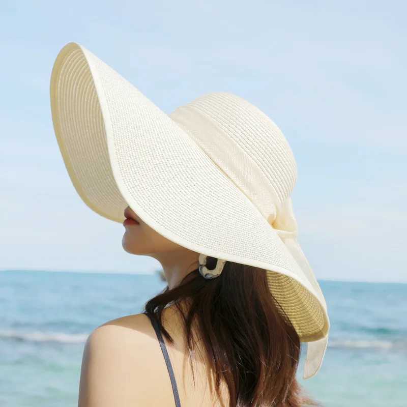 INS Handmade Weave Bow Sun Hats for Women 2023 Black Ribbon Large Brim Straw Hat Outdoor Beach Summer Caps Gorras Hombre W250602