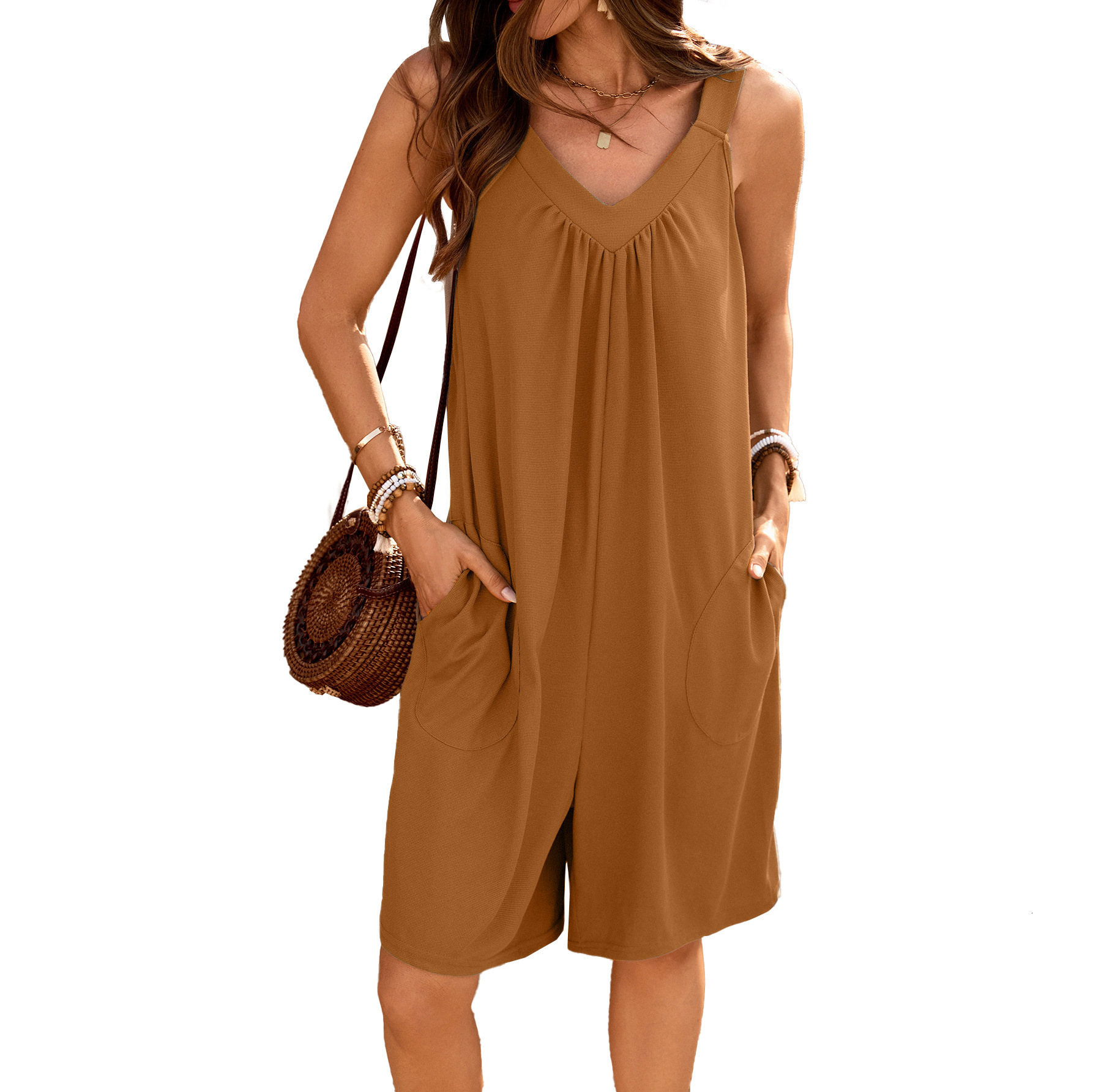 Luxury Designer Clothing European And American Summer Solid Color V-neck Loose Pocket Sleeveless Shorts Jumpsuit 2025 New Designer Dress