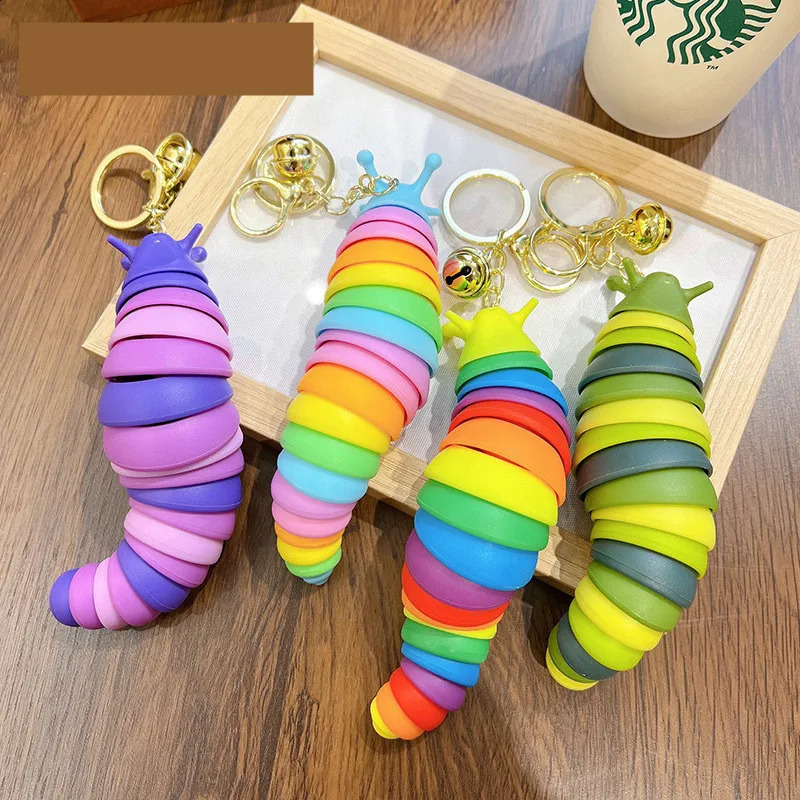 Fidget Slug Keychain Toys 3D Articulated Stretch Sensory Stress Relief Flexible Hand Toy Keyring Pendents for Kids 250526
