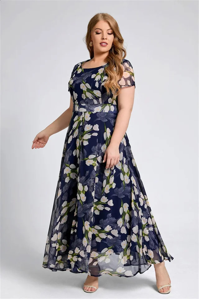 Plus Size Women Floral Printing Dress Short Sleeve Round Neck Chiffon Aline Female Elegant Casual Soft Fashion Summer Dresses 250526