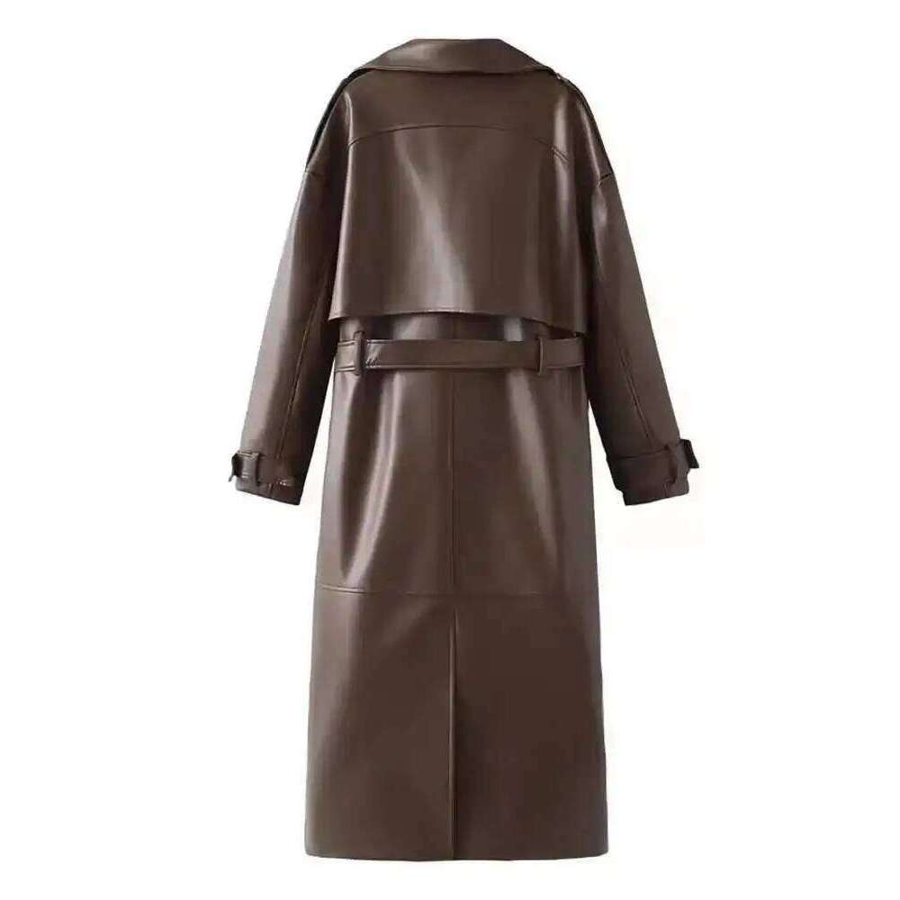 IEQJ Fashion Women's Pu Leather Trench Coat Lapel Long Sleeve Belt Solid Color Casual Windbreaker 2025 Autumn New Jacket WM2463
