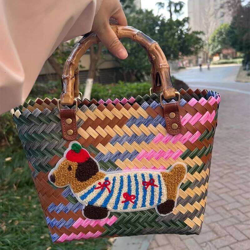 Niche Retro Cute Dachshund Woven Fashionable Bamboo Basket 2025 New Casual Hand-held Tote Girls Gift Women's Bag