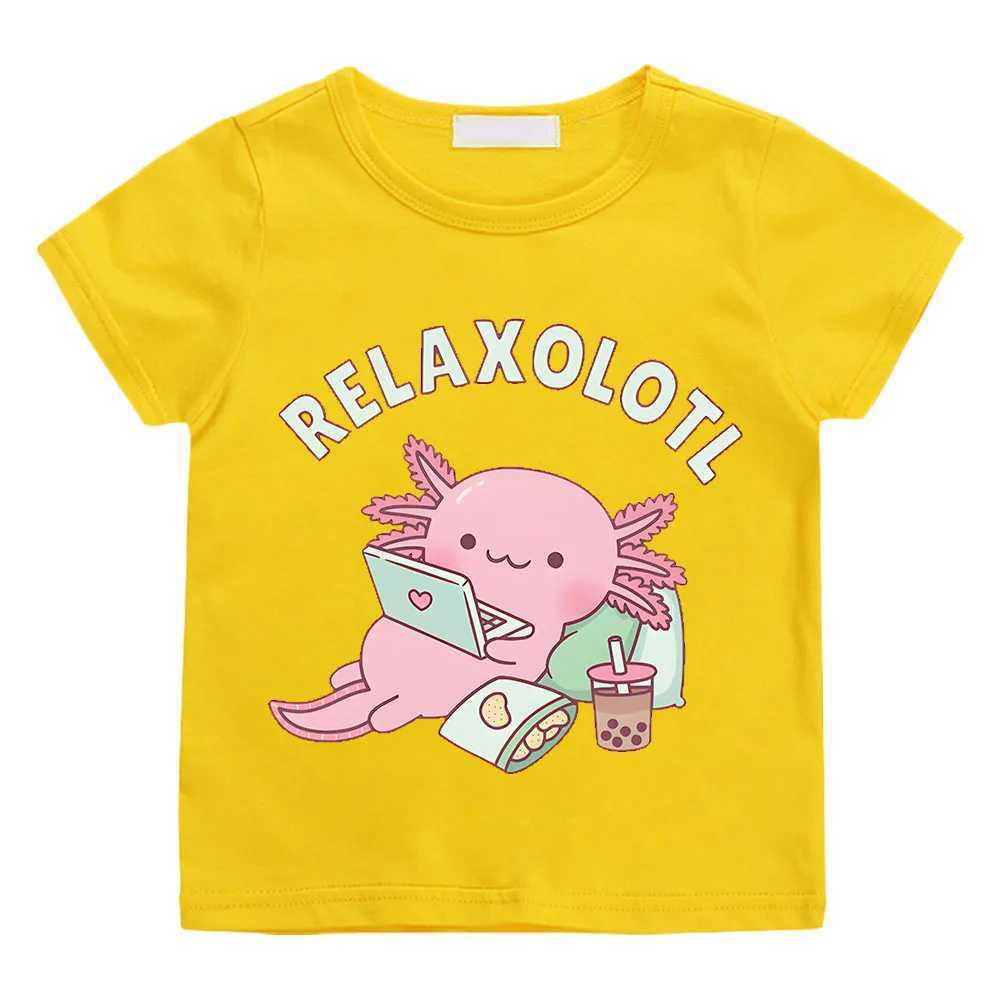 Cute Relax A Lot Axolotl Kids T-shirt Cartoon Funny Pun Graphic Clothes for Boys/Girls Cotton Short Sleeve Kids Summer Tops Tees T250603