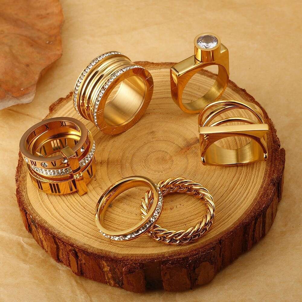Trendy Personality Stainless Multi-Ring Stacking Gold-Plated Roman Numerals Inlaid Diamond Ring Titanium Steel Jewelry