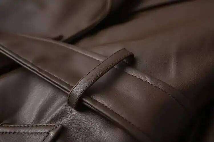 IEQJ Fashion Women's Pu Leather Trench Coat Lapel Long Sleeve Belt Solid Color Casual Windbreaker 2025 Autumn New Jacket WM2463