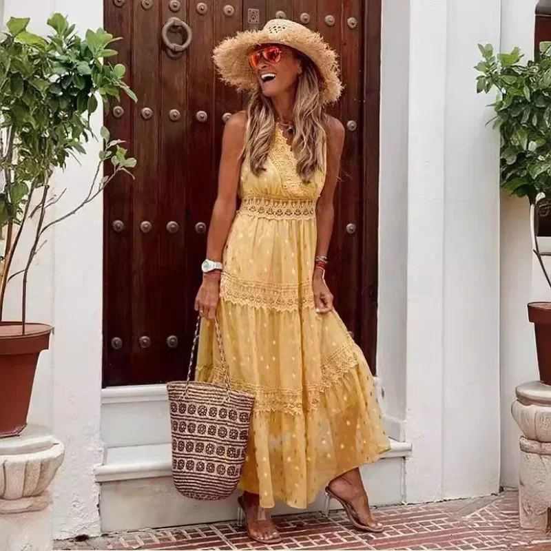 Women Long Maxi Loose Dress Sleeveless High Waist Lace Solid Color Floor Length Fashion Sexy Dress 250603