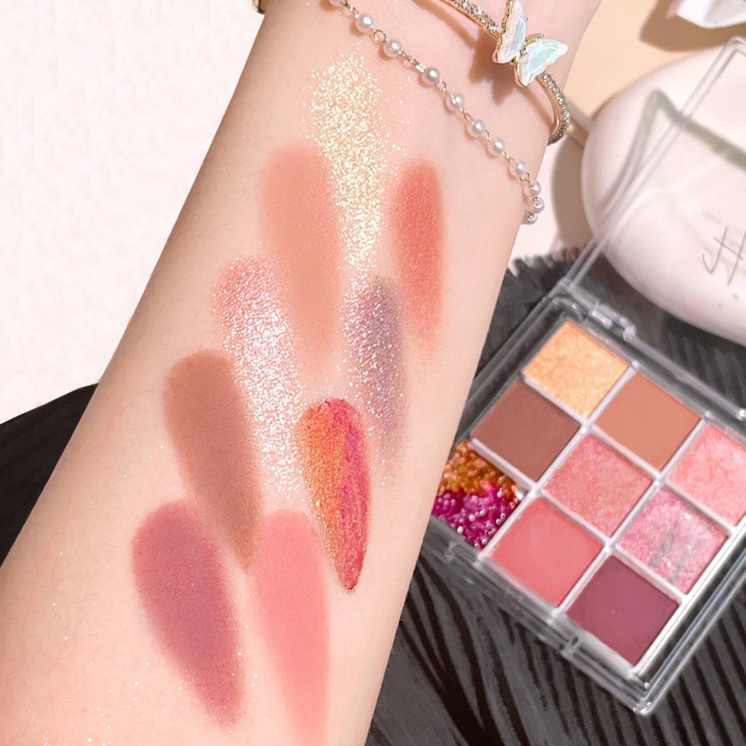 Summer 9 color eyeshadow palette: Orange brown, pink and gold, matte shimmer effect, lasting makeup, keep glitter rose Eyeshadow