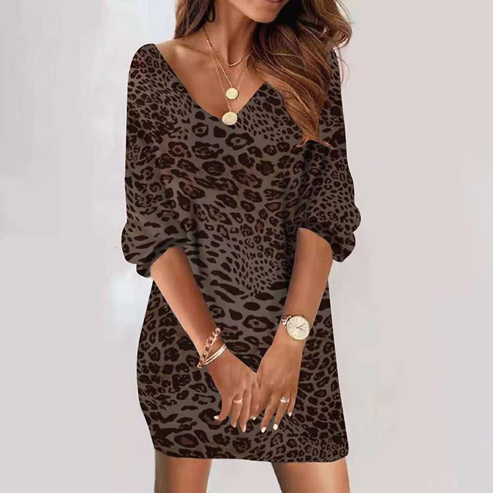 New Casual Loose V-Neck Printed Mid-Sleeve Women's Dress B5