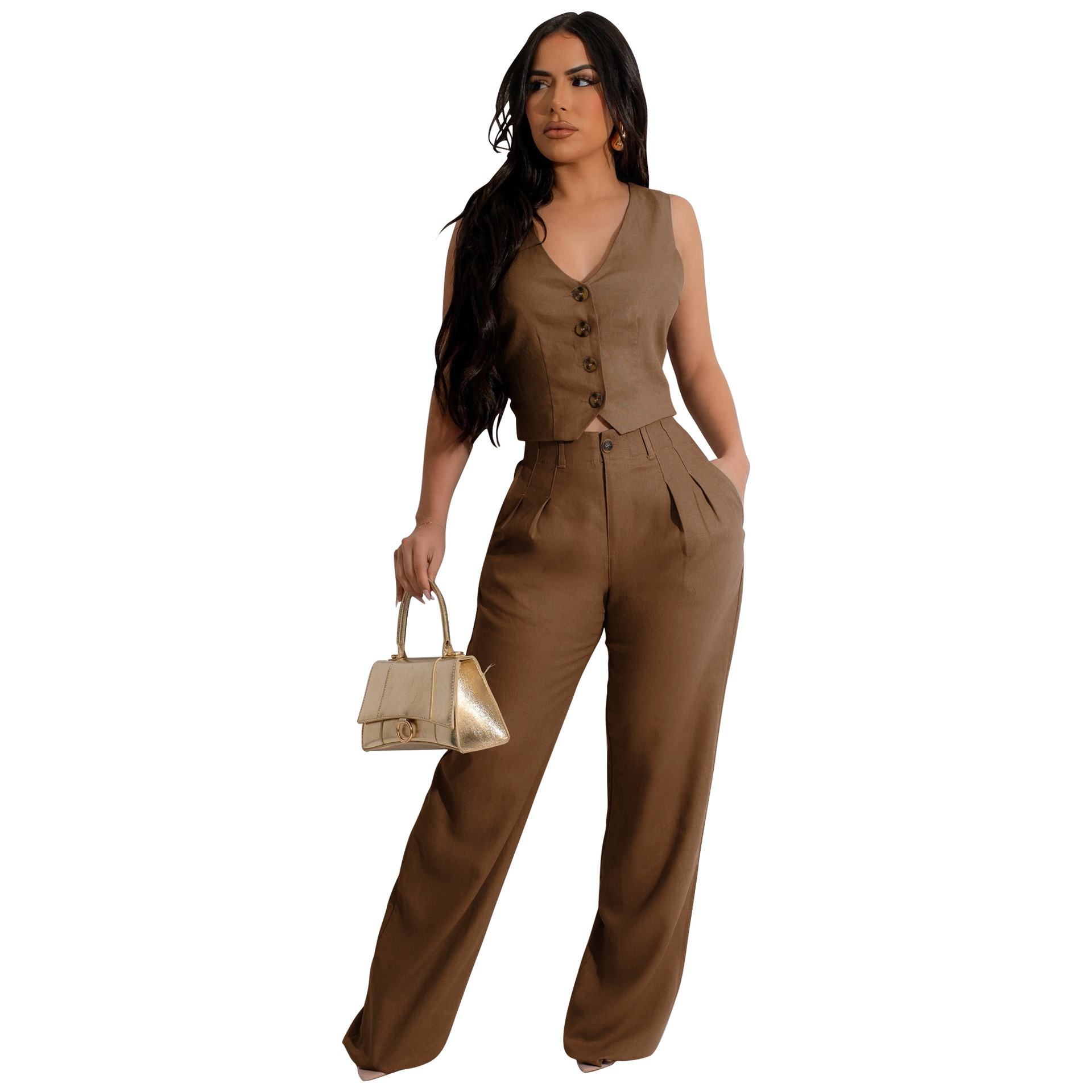 women's wear Women's Fashionable Solid Color Vest and Wide-Leg Pants Two-Piece Set