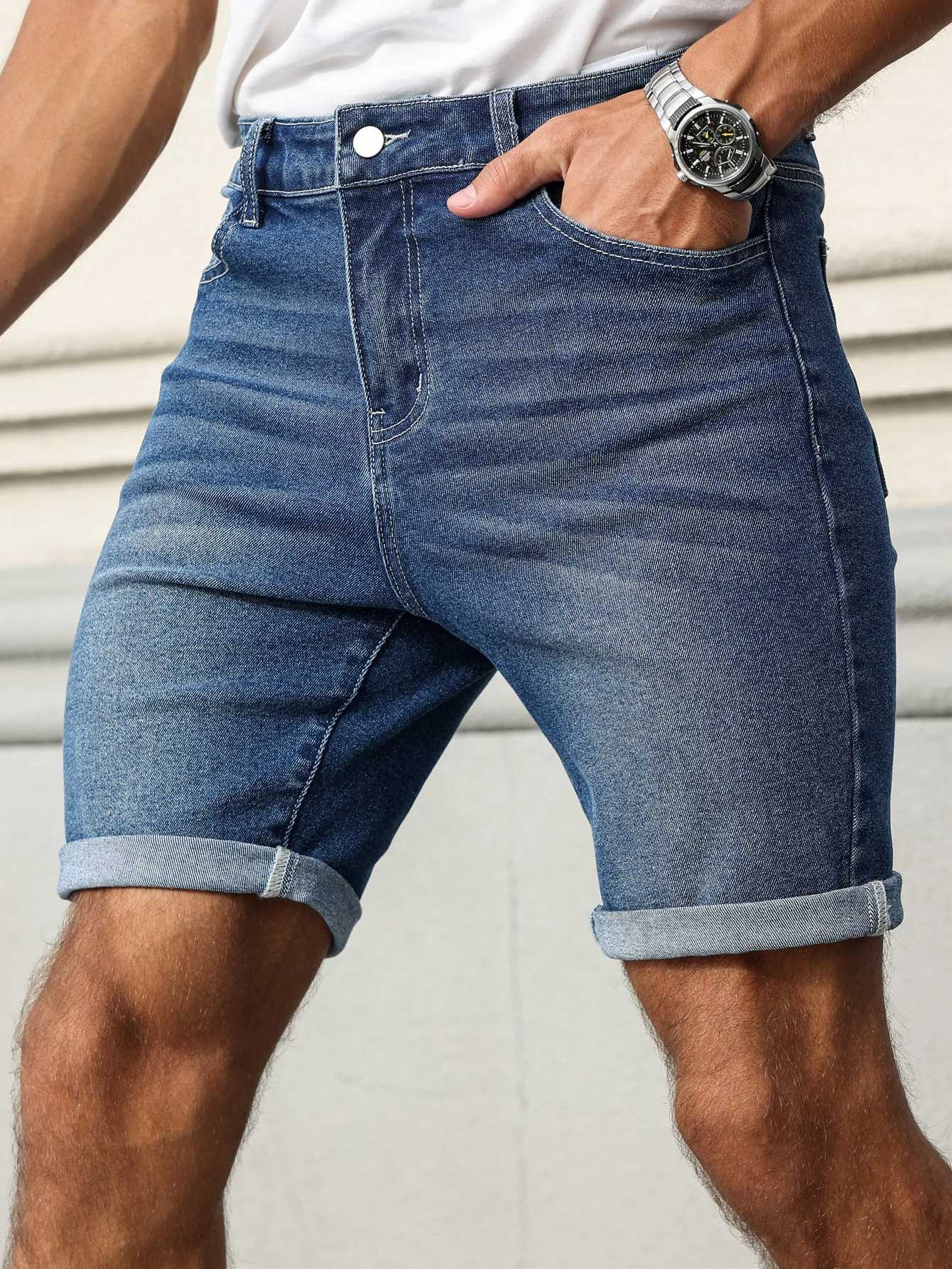 Mens Summer Denim Shorts with a Blue Retro Texture. The style is simple casual and street-style. T250603