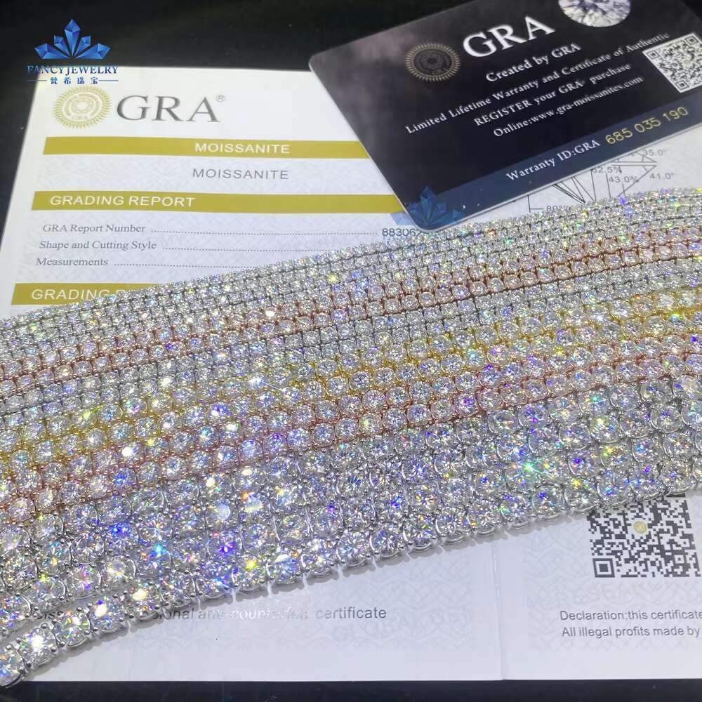 GRA Certification 925 Silver Plated Yellow Rose Gold 3mm 4mm 5mm 6mm D VVS Moissanite Tennis Chain Necklace for Hip Hop Rapper