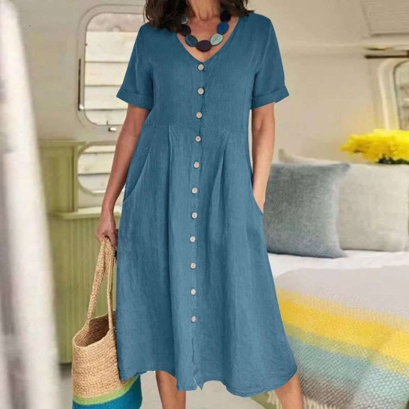 Spring/Summer New Solid Color Loose High-Waisted Cotton Linen Dress B5