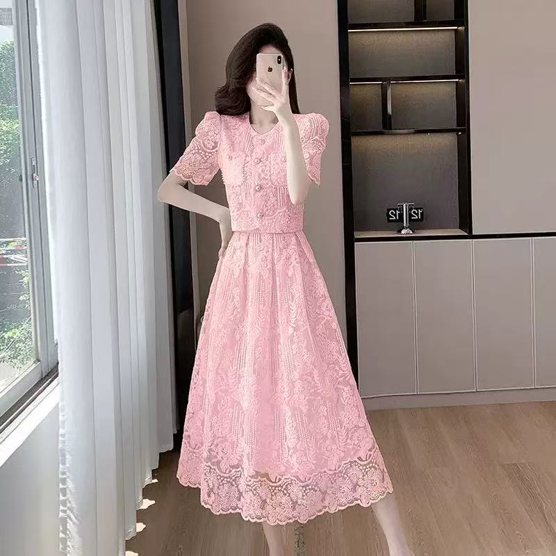 Two Piece Dress Summer Korean Small Fragrance Style Lace Set Two Piece Suit Lace Hook Flower Short Sleeve Shirt Tops Midi Skirt Women's Outfits