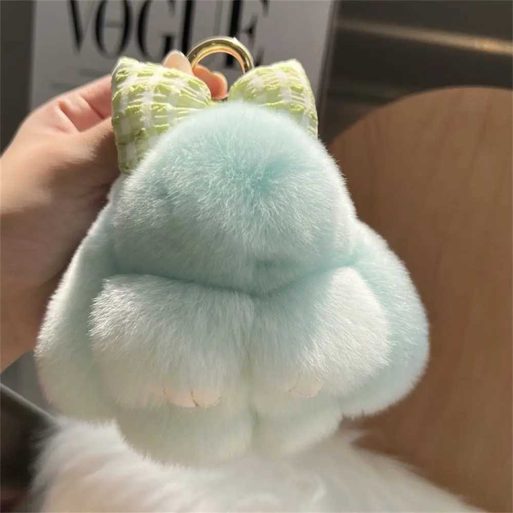 Hair Bow Rabbit Fur Keychain Pompoms Plush Dolls Bunny Keychain Bag Charm Cute Fluffy Plush Rabbit Key Ring Couple Pendant XJ250602