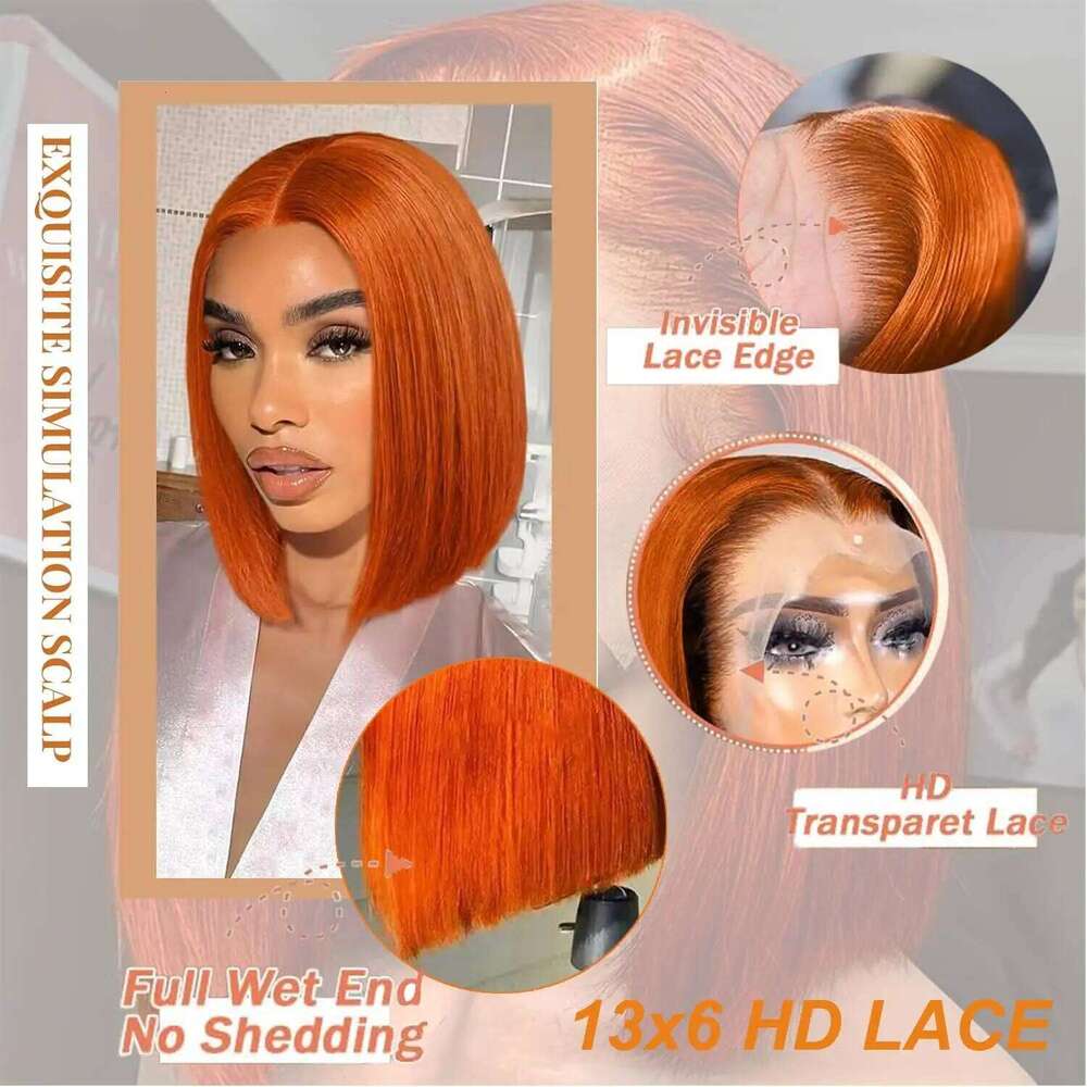 Short Ginger Orange Front Human Hair Wigs 350 Brazilian 10-16 Inch Straight Bob 13x6 Hd Lace Frontal Wig For Women