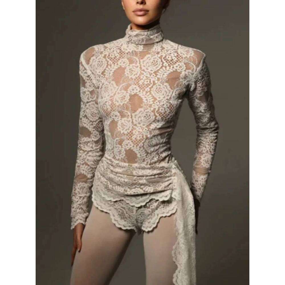 2024 New Autumn White Black Women Sexy Long Sleeve Lace Bodycon Draped Bodysuit Fashion Performance Costume Stage Wear