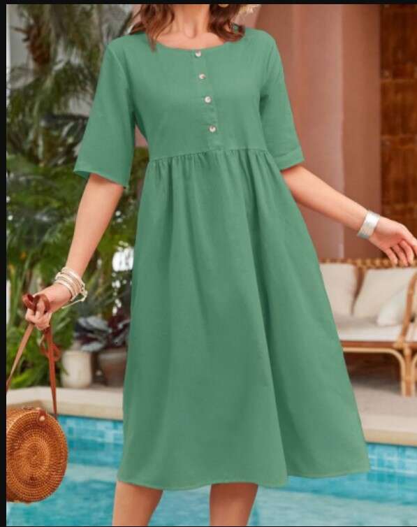 Spring Summer Cotton Linen Round Neck Loose Casual Solid Color Pocket Dress B5