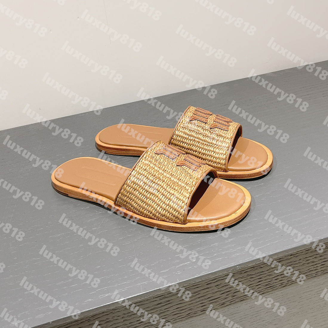 Designer Sandals Summer Beach sandal Patch Raffia Straw Crochet Matelasse Nappa Leather Slides Luxury Women Slippers Outfit Leather Flat Shoes Sandalias