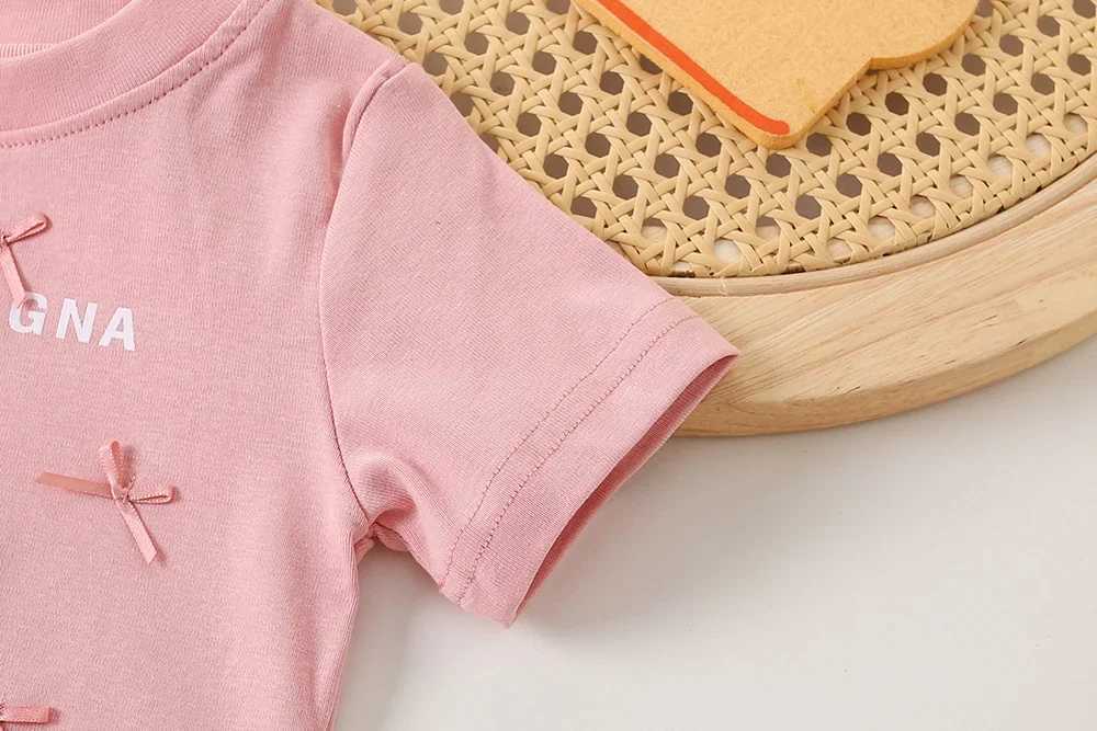 Childrens Girls T-Shirts Butterfly Knot Letter Printing Short Sleeve Top Kids Cotton Tees Clothes for Baby Girls 1 To 5 Years T250603