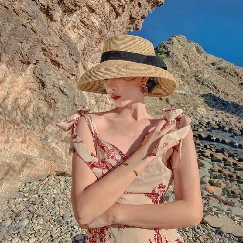 Hepburn Bow Ribbon Sun Hat Womens Straw Hat Bucket Hat Color Sunscreen Sun Hat Beach Hat Wholesale W250602