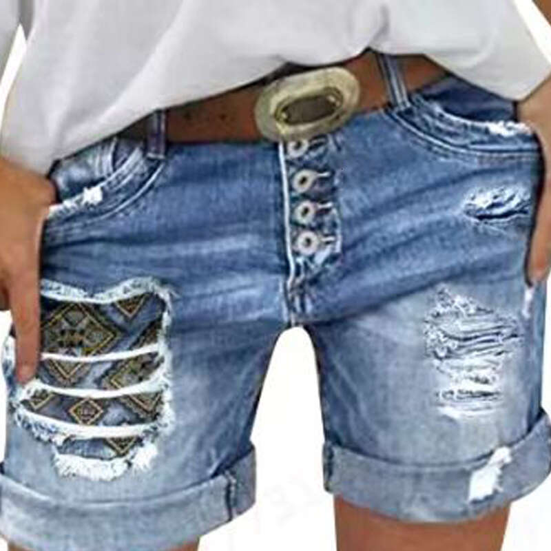 Slim Fit Single-Breasted Ruffled Pocket Rolled Hem Straight Casual Denim Shorts B5