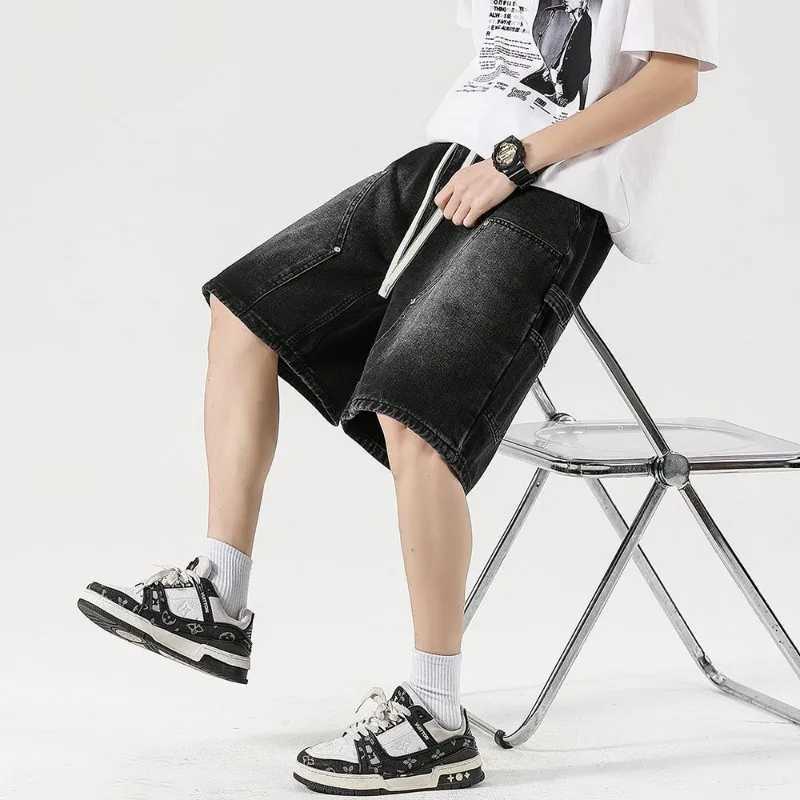 Fashion Streetwear Mens Denim Shorts Summer Loose Vintage Harajuku Splicing Hip-hop Cargo Moto Short Jeans Black Blue T250603