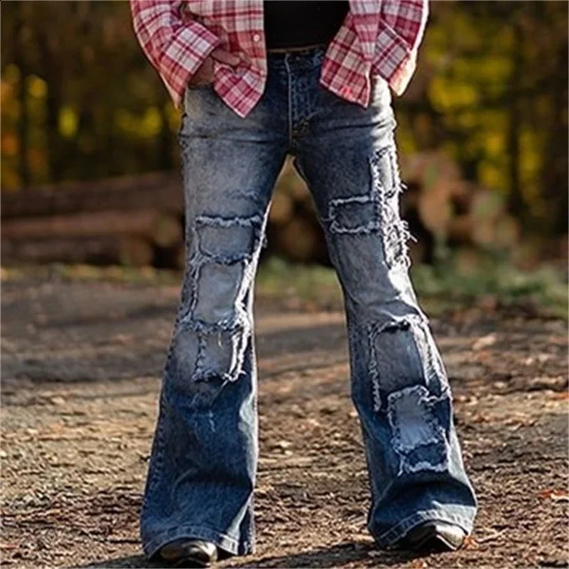 Vintage Patch Stretch American Style Flared Jeans Mens Streetwear Button Splicing Pocket Male Youth Daily Casual Denim Pants 23 250530