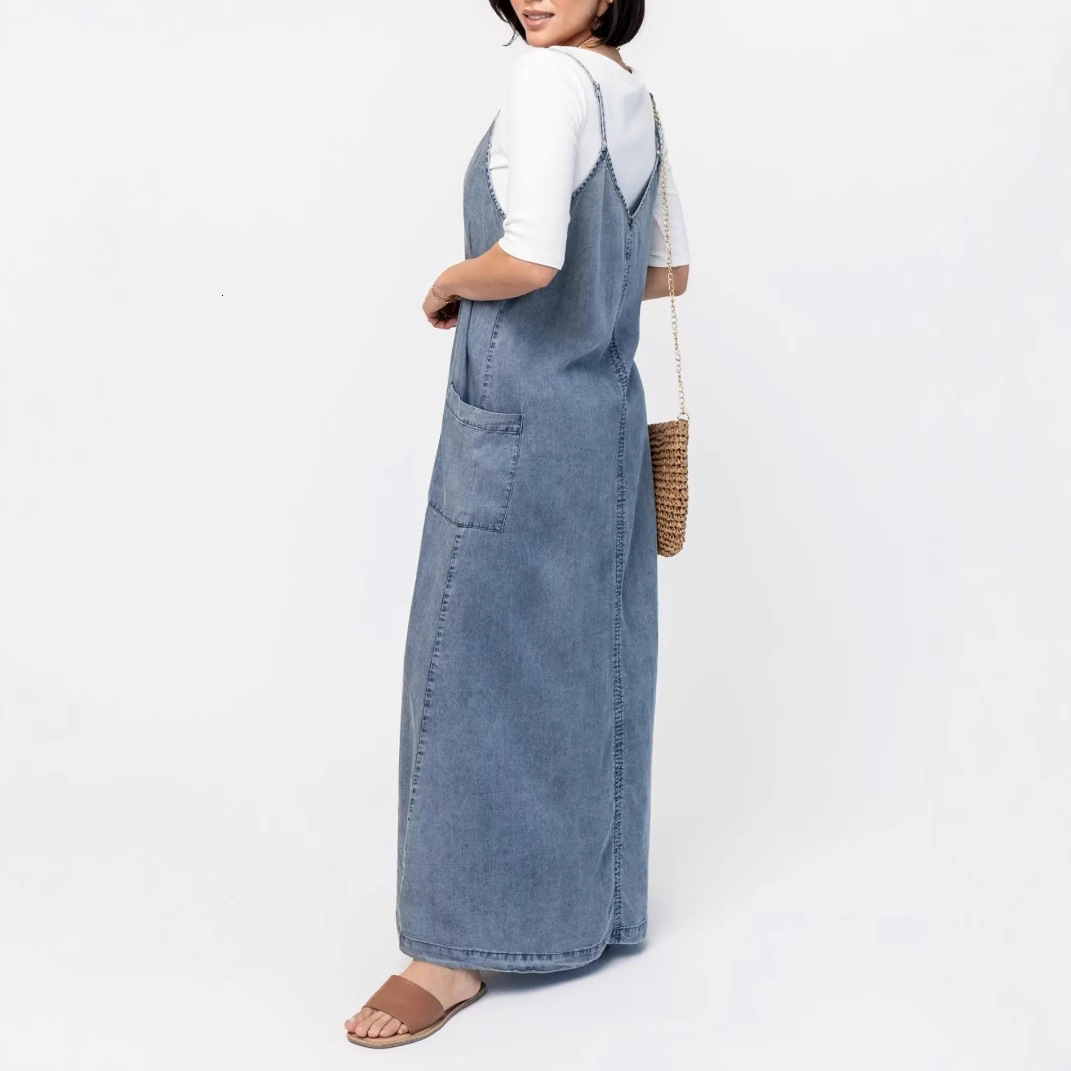 women's wear 2025 New Simple Thin Loose Long Solid Color Washed Strap Casual Denim Dress
