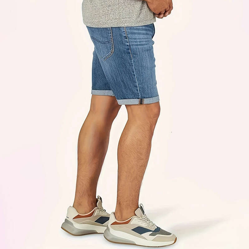 Fashion New Men's Casual Straight-Leg Cuffed Denim Shorts Five-Point Pants B5