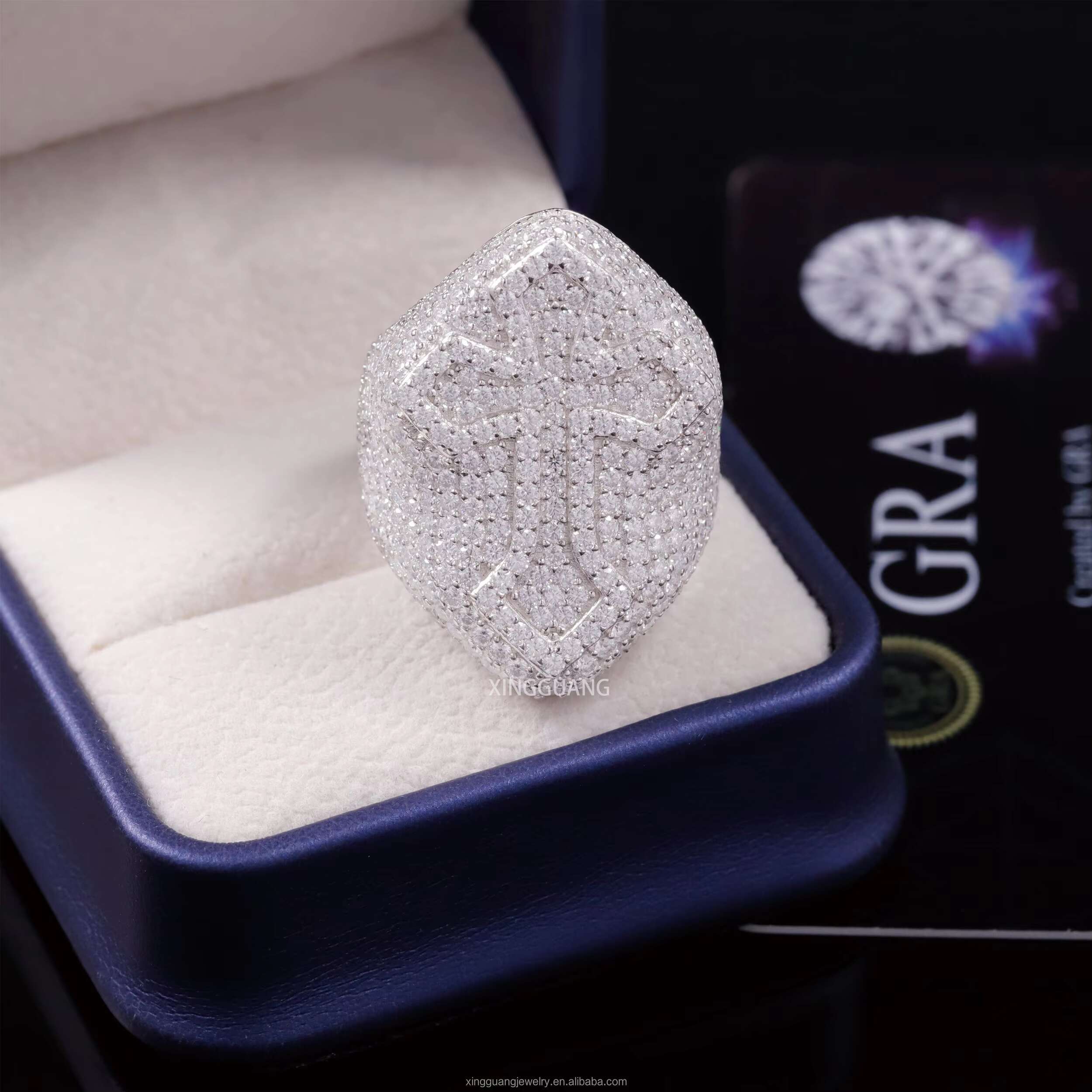 Hot Sale Raised Cross Full Iced Out VVS Moissanite Diamonds White Gold Plated 925 Sterling Silver Cross Rings Hip Hop Jewelry